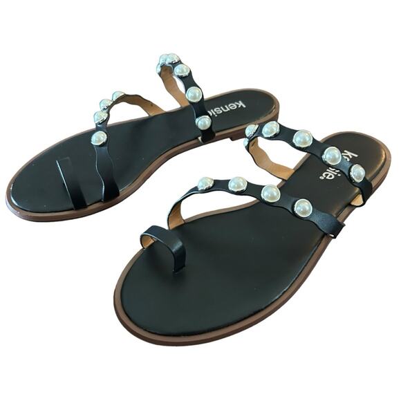 Kensie Pearl Studded Strap Black Toe Ring Sandals NEW Size 7.5 - Picture 1 of 11